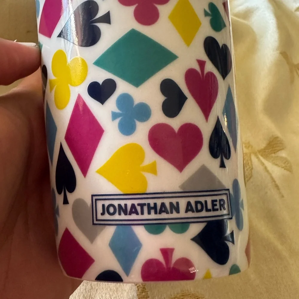 Jonathan Adler “ Card Suits “ Ceramic Travel Coffee Mug / Cup / Tumbler.